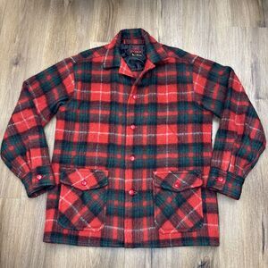 Vintage 50s Carss Mackinaw MEN SIZE LARGE 100% Wool Red Black Green Plaid Jacket